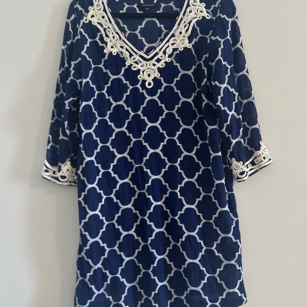 Lands end Navy Blue Patterned Swim Cover up Dress with White Accents